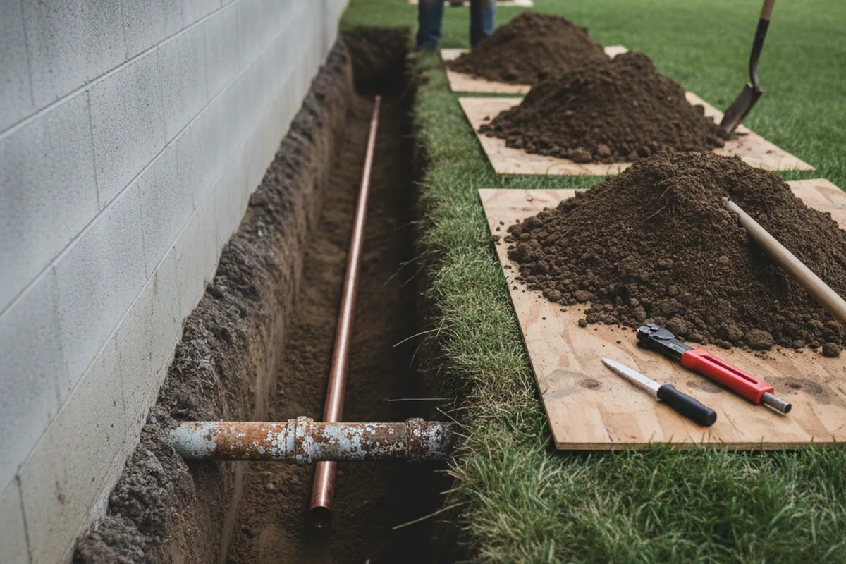 Excavated water line trench during Water Softener Installation in Willow Street